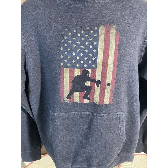 American Flag Baseball Theme Print Gray Pullover Hoodie Size M - Picture 2 of 15